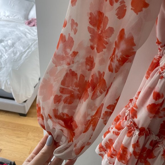Misa Los Angeles Lorena Blouson Mini Dress Medium Orange Floral Print V-neck - Picture 4 of 13